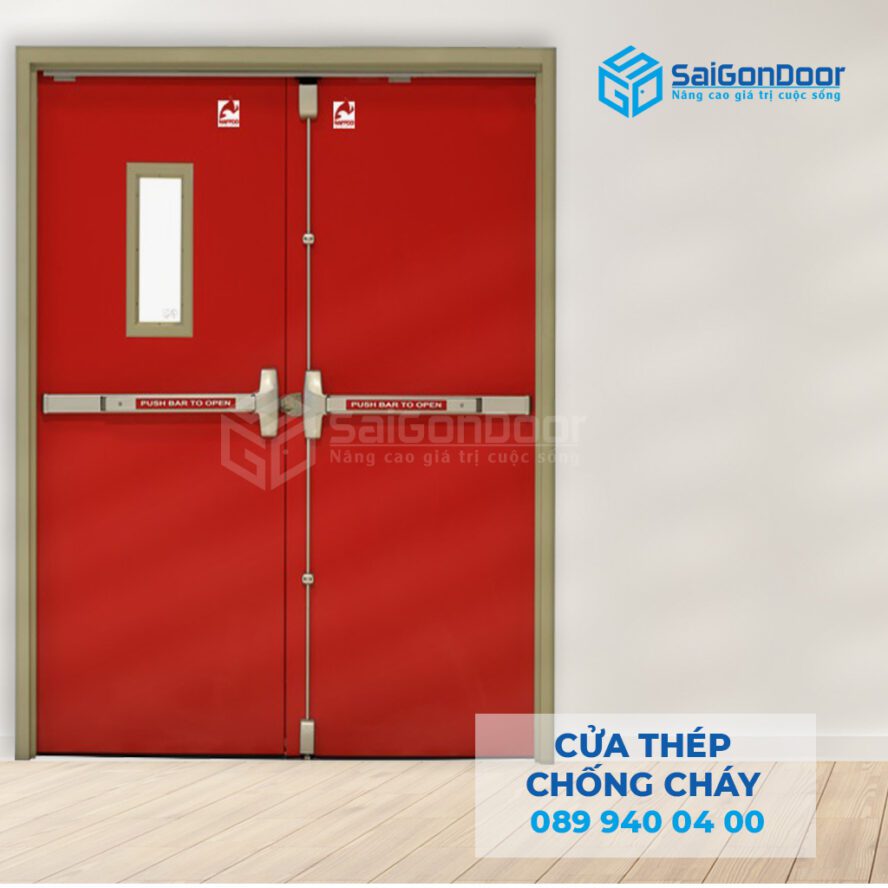 Cửa thép chống cháy 2 cánh màu đỏ đô sang trọng