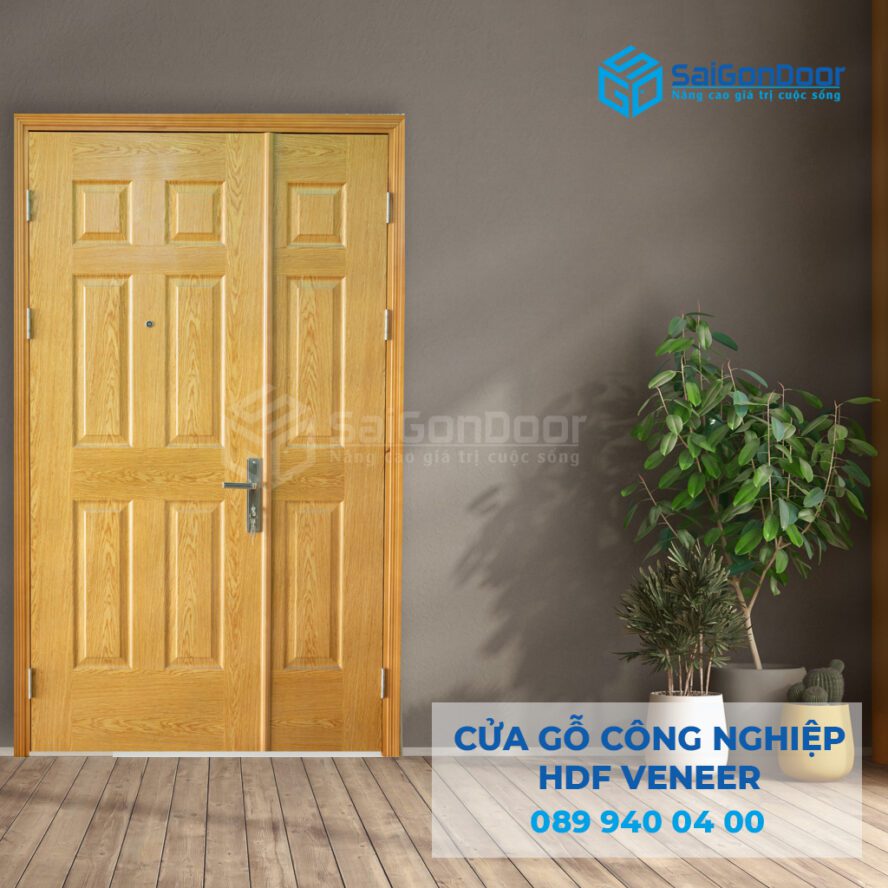 Cửa HDF Veneer phòng ngủ kiểu dáng mẹ bồng con màu gỗ trang nhã