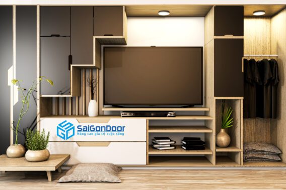 cabinet tv mix wardrobe shelf wooden japanese style decoration plants shelf 3d rendering