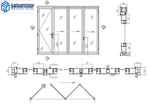 Cửa đi nhựa giả gỗ 4 cánh mở trượt gấp 3 cánh