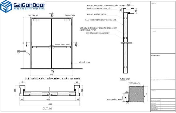 Bản vẽ thiết kế cửa chống cháy bằng thép thời lượng 120 phút